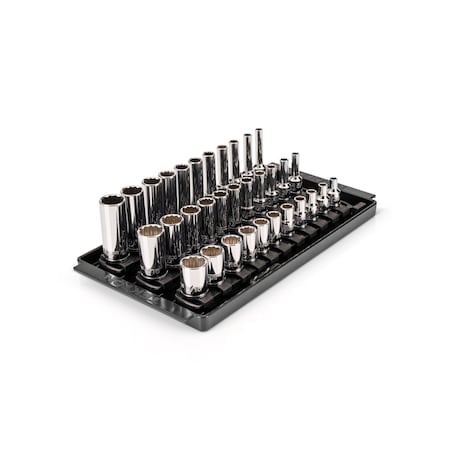 Tekton 1/4 In. Drive Shallow, Semi-Deep, and Deep 12pt Socket Set with Rails and Trays, 33pc (5/32-9/16 in) SHD90123
