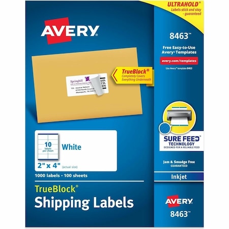 Avery Shipping Labels with TrueBlock Technology, 2 x 4, White, 1000/Box 8463