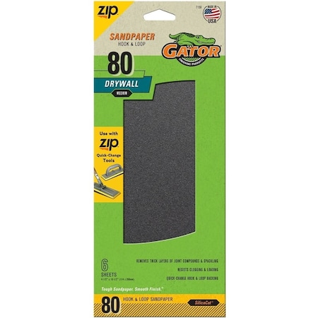 Gator Sandpaper, 10-1/2 in L, 4-1/2 in W, 80 Grit, Medium, Silicone Carbide Abrasive 7156