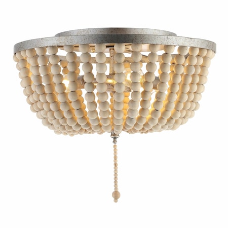 Jonathan Y Allison 15" 3-Light Shabby Chic Farmhouse Wood Beaded/Metal LED Flush Mount, Antique Silver/Cream JYL9019C