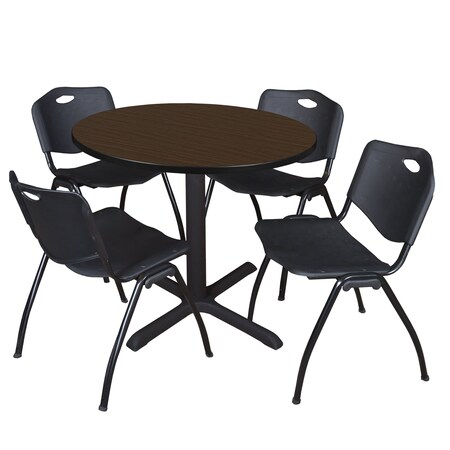 Regency Round Cain Breakroom Table W/ 4 M Stack Chairs, 36 in W, 36 in L, Neo Walnut TB36RNDNW47BK