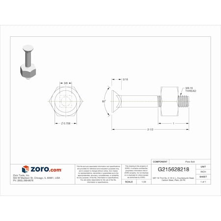 Zoro Select 3/8"-16 Thrd Sz, 2 1/2 in L, Countersunk Head, Carbon Steel, Plain, 25 PK U01036.037.0250