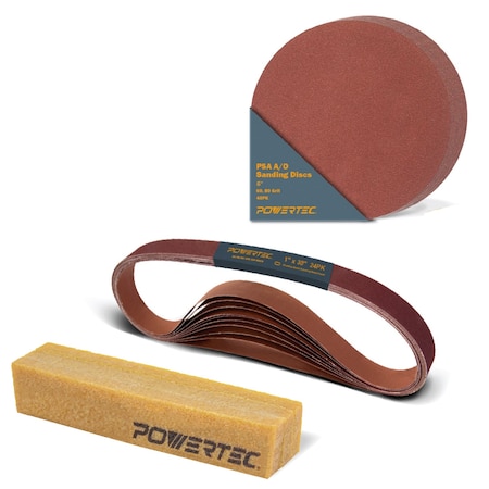 Powertec 5in PSA Sanding Disc, 60/80 Grit, 4PK & 1x 30in Sanding Belt Assortment & Abrasive Cleaning Stick 45503N