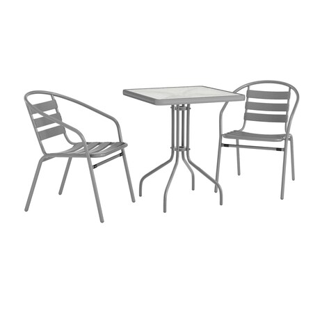 Flash Furniture Lila 23.5in Square Glass Top Metal Table with 2 Silver Aluminum Slat Stack Chairs TLH-0731SQ-017CSV2-GG