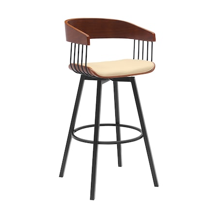 Armen Living Athena 31in Swivel Walnut Wood Bar Stool in Cream Faux Leather with Black Metal LCATBAWACR30