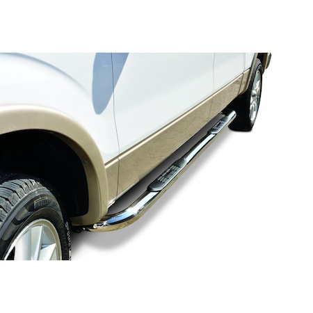 Big Country With Step Pads, 3 Inch Round Bent, Polished, Stainless Steel, Without End Caps, Rocker Panel Mount 379204