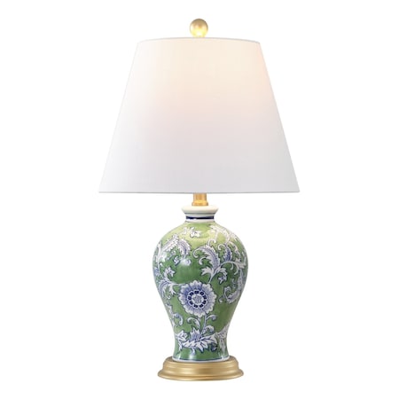 Jonathan Y Grace 24" French Country Cottage Ceramic/Iron Floral Urn LED Table Lamp, Green/White JYL3009F