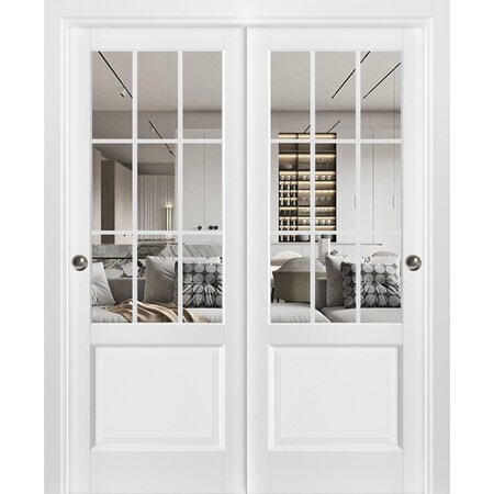 Sartodoors Sliding Closet Bypass Doors, Felicia 3599 White Silk with Clear Glass, Sturdy Rails Moldings Trims FELICIA3599DBD-WS-6084
