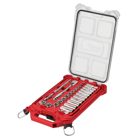 Milwaukee Tool 3/8 in Drive 28pc Ratchet & Socket Set with PACKOUT Low-Profile Compact Organizer - SAE 48-22-9481