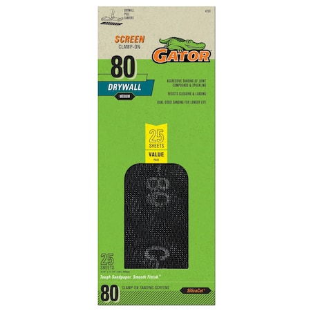Gator Finishing SilicaCut Drywall Clamp-On Sanding Screen, 80 Grit, Medium, 25PK 4260