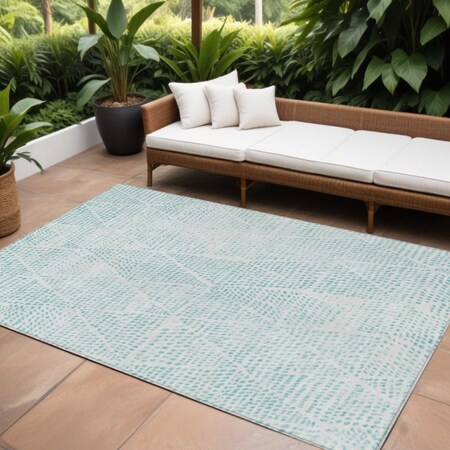 Homeroots 10' X 14' Aqua And Ivory Geometric Washable Indoor Outdoor Area Rug 577546