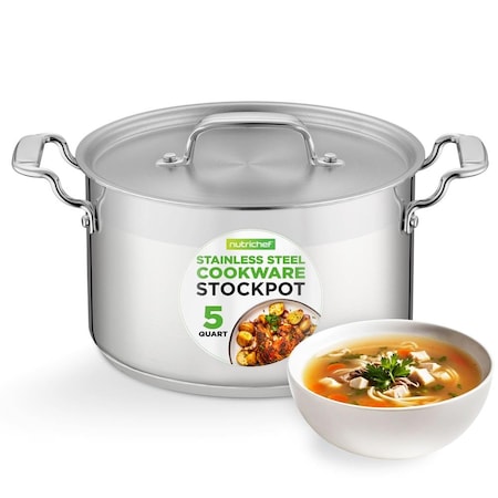 Nutrichef 5-Quart Stainless Steel Stockpot with Lid- 18/8 Food Grade Heavy Duty Inox Large Stock Pot for Stew NCSPT5Q