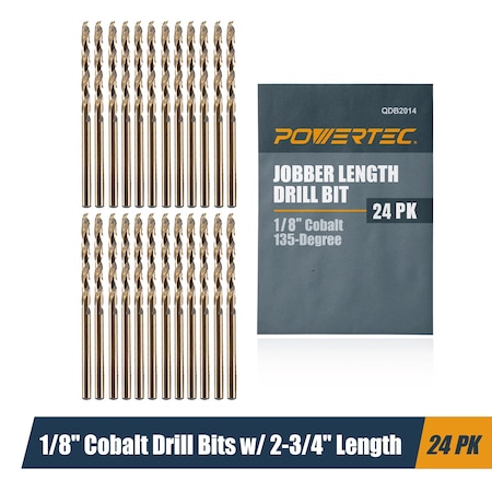 Powertec 1/8" Cobalt Drill Bits 2-3/4" Length, M35 HSS Jobber Length Twist Bits with 135 Deg Tip, 24PK QDB2014-P2
