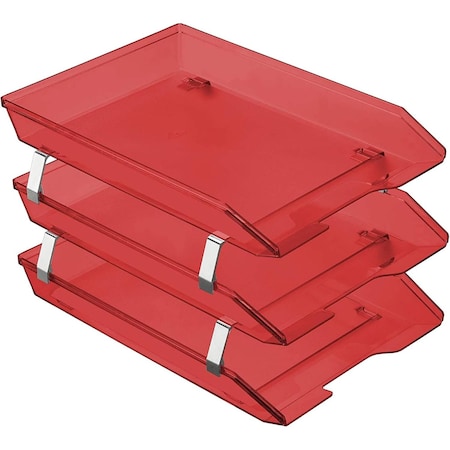 Acrimet Facility 3 Tier Letter Tray Front Load Size Desktop File Organizer Plastic Clear Red 265.7
