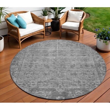 Homeroots 8' Gray Round Oriental Washable Indoor Outdoor Area Rug 607544