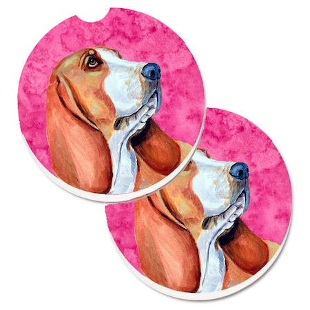 Carolines Treasures Pink Basset Hound Set of 2 Cup Holder Car Coaster LH9377PKCARC