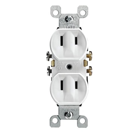 Leviton Straight Blade Receptacle, 1-15R, 15 A, 125V AC, 2 Pole, 2 Wire, Non-Grounded 00223-00W