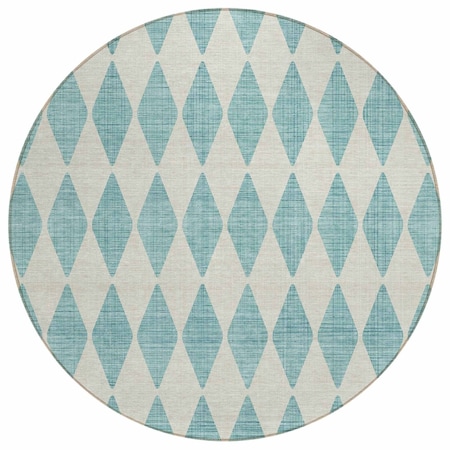 Homeroots 8' Teal Blue And Ivory Round Geometric Washable Indoor Outdoor Area Rug 577129