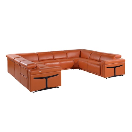 Homeroots Camel Italian Leather Power Reclining U Shaped Eight Piece Corner Sectional With Console 634684