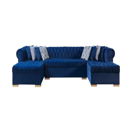 Homeroots Blue Velvet U Shaped Three Piece Sofa and Chaise Sectional With Toss Pillows 643891