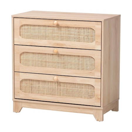 Baxton Studio Elsbeth Japandi Oak Brown Finished Wood and Natural Rattan 3-Drawer Storage Cabinet 227-12953-ZORO