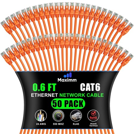 Maximm Cat6 Ethernet Cable 0.6ft 10Gbps 550MHz UTP, 50PK, Orange, 50PK CAT6CCA-0.6OR-50PK