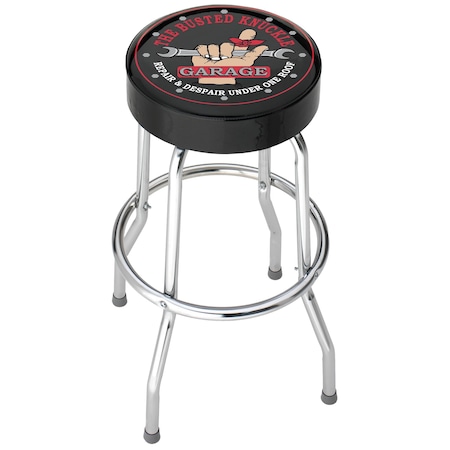 Plasticolor Round Black Vinyl Seat With The Busted Knuckle Garage/Hand With Wrench, Non-Swivel, 4 Steel Legs 004753R01