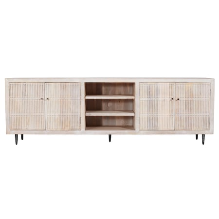 Homeroots 92in Ivory Carved Geometric Distressed Solid Wood Enclosed and Open Storage TV Stand 489508