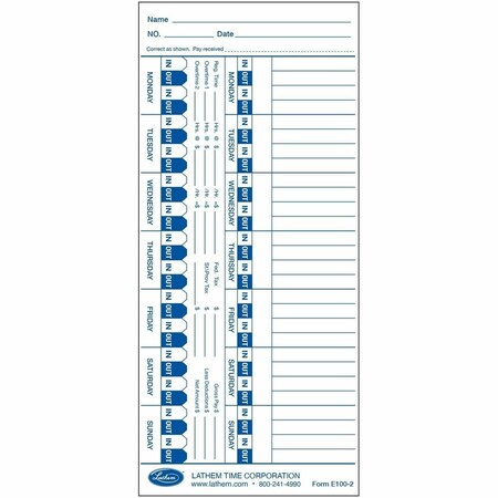 Lathem Time Co Lathem, Time Card For Lathem Models 900e/1000e/1500e/5000e, White, 100PK E100