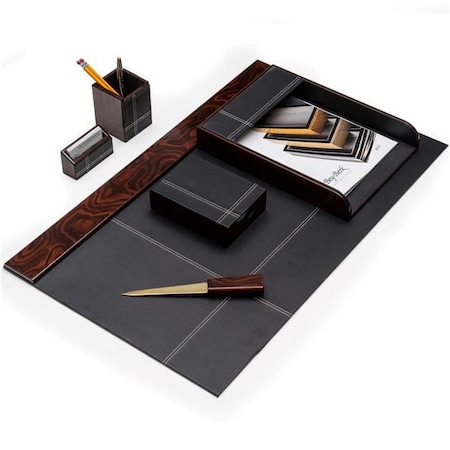 Bey Berk International Bey-Berk International  Burl Wood & Black Leather Desk Set - 6 Piece D2006