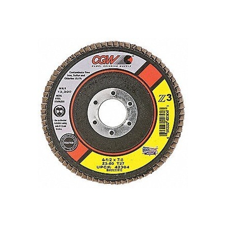 Cgw Abrasives Camel Grinding Wheels Z3 Premium Zirconia Flap Discs, 4-1/2in x 7/8in T27 Z3 Reg 60 Grit 42304