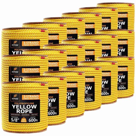 Xpose Safety 5/8in x 600 ft Twisted Polypropylene Rope, Yellow, 18PK YPR58-600-18-X