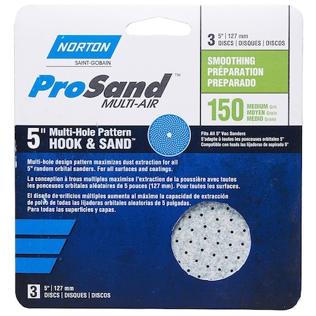 Norton Co 5" Norton 03229 ProSand Multi-Hole Hook & Sand Center Hole Vacuum Discs, 150-Grit, Medium, 3-Pack 68290