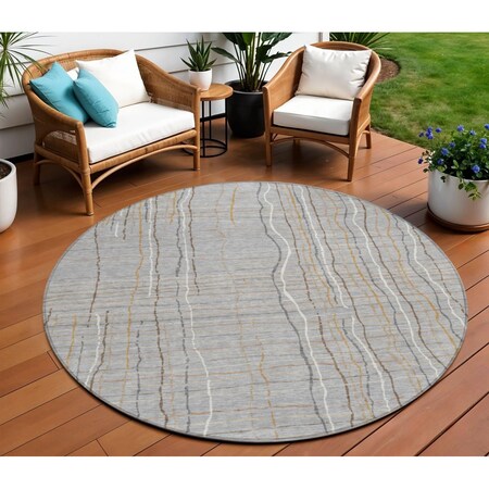 Homeroots 8' Gray Brown And Ivory Round Striped Washable Indoor Outdoor Area Rug 597393