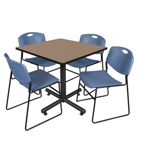 Regency Square Kobe Breakroom Table W/ 4 Zeng Stack Chairs, 36 in W, 36 in L, Noble Oak TKB3636NO44BE