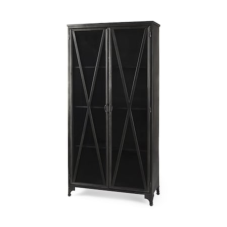 Homeroots 38in Black Glass and Metal Display Cabinet With Two Doors 611069