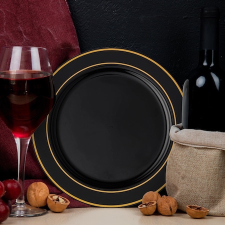 Smarty Had A Party 10.25" Black with Gold Edge Rim Plastic Dinner Plates (120 Plates), 120PK 110BG-CASE