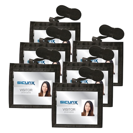 Sicurix Convention ID Neck Pouch Badge Holder, Horizontal, Adjustable Cord, 3in x 4in Insert, Black, 6PK 55130