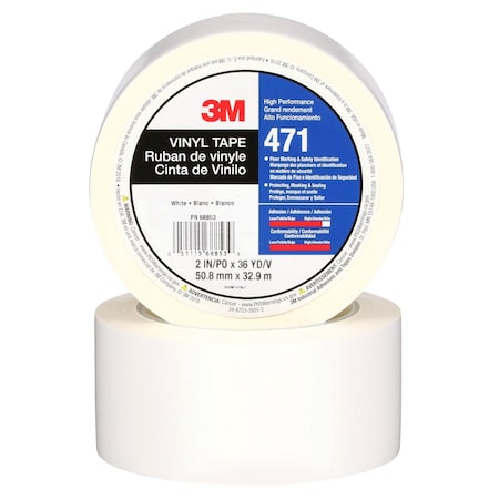 3M Floor Marking Tape, vinyl, Solid, White, 2 in W., 5.2 mil Thickness 471