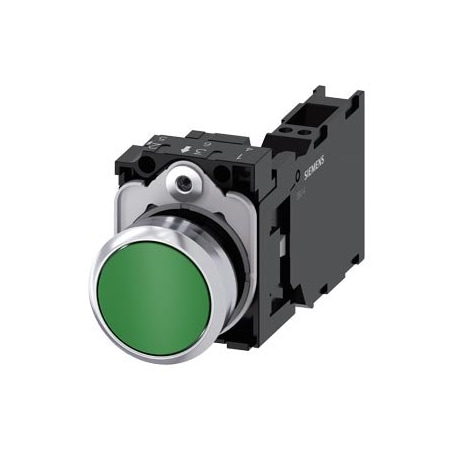 Siemens Pushbutton, 22 mm, round, metal, shiny, green, pushbutton, flat 3SU1150-0AB40-3FA0