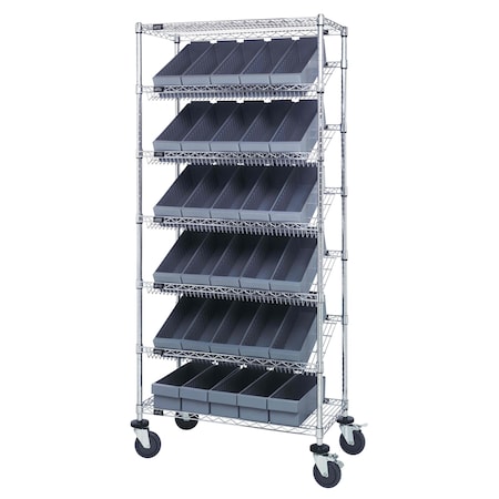Quantum Storage Systems WIRE SHELVING UNIT W/30 GRAY BINS MOBILE MWRS-7-602GY