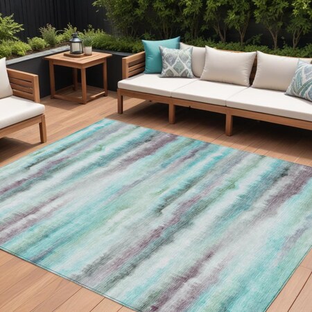 Homeroots 10' X 14' Teal Blue Plum And Ivory Striped Washable Indoor Outdoor Area Rug 631418