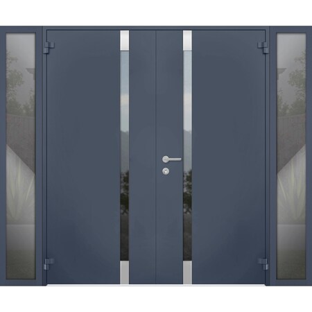 Vdomdoors Steel Double Doors Cynex 6777 Grey 2 Sidelight Exterior Windows Stainless Inserts Single Modern Pai CYNEX6777DEXD-GRE-LH-O-W14+72+14 x H80