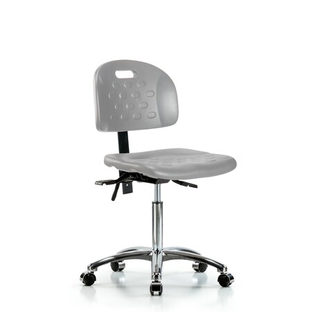 Blue Ridge Ergonomics Polyurethane Chair Chrome - Medium Bench Height with Seat Tilt & Casters in Gray Polyurethane HPMBCH-CR-T1-A0-NF-CC-GRY