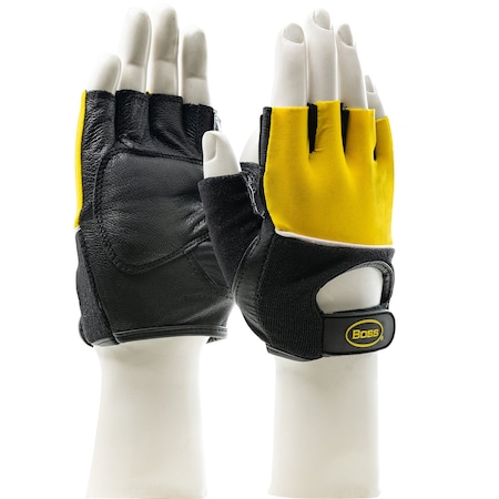 Boss Goatskin Leather Palm w/Gel + Foam Anti-Vibration Padding and Fabric Back, Half-Finger Design 122-AV70/XL