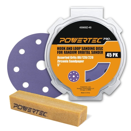 Powertec 5in 9 Holes Hook & Loop Assorted Sanding Disc, Zirconia, 80/120/220 Grit & Abrasive Cleaning Stick 45901ZN