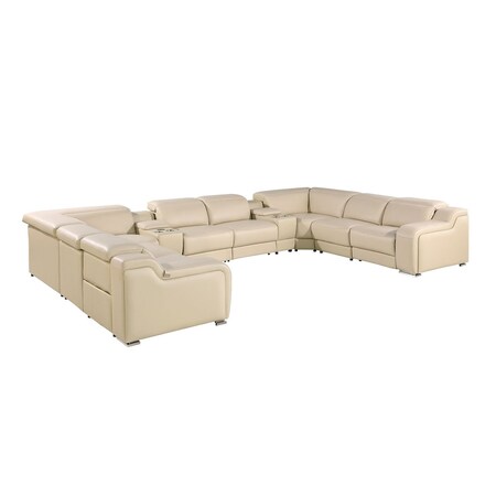 Homeroots Beige Italian Leather Power Reclining U Shaped Ten Piece Corner Sectional With Console 632582