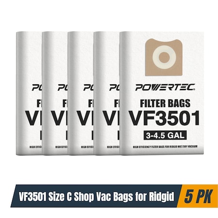 Powertec Vacuum Bags VF3501 Size C, 3-4.5 Gal. for Ridgid 4000RV, WD40700 Wet/Dry Shop Vacuums, 5PK 75017