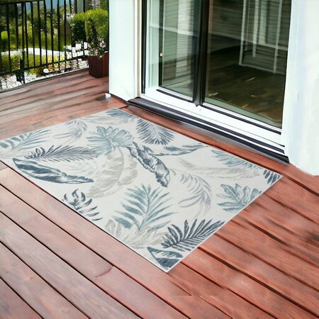 Homeroots 2' X 3' Blue and Serene White Palm Leaf Stain Resistant Indoor Outdoor Area Rug 548906