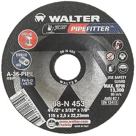Walter Depressed Center Grinding Wheel, Type 27, 4 1/2 in Dia, 0.125 in Thick, 7/8 in Arbor Hole Size 08N452